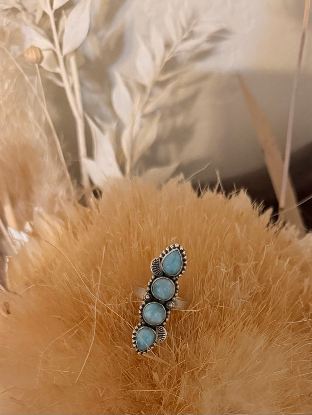 Larimar Turquoise Four Stone 925 Sterling Silver Adjustable Ring - Women Jewelry - Picture 5 of 8